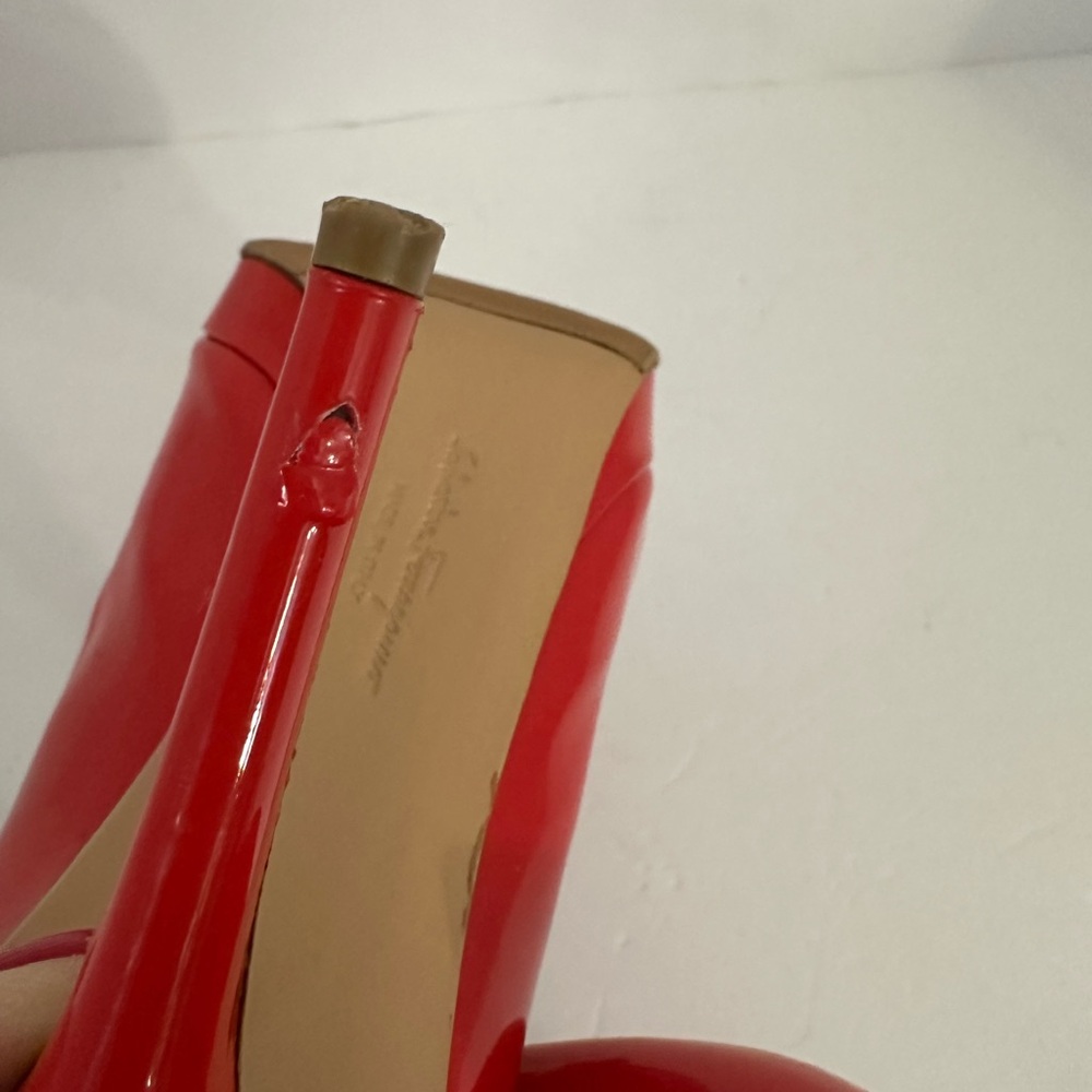 Salvatore Ferragamo Vara Red Patent Peep-Toe Heels Pumps size 7 - Picture 9 of 10